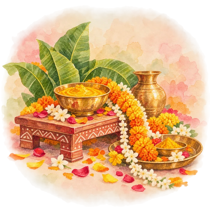 Watercolour of a bowl of haldi, marigold garlands and a brass pot
