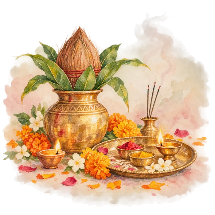 Watercolour of a kalash, marigolds, incense and a lit diya