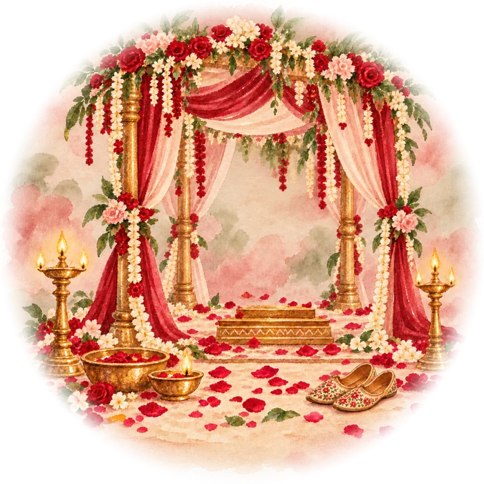 Watercolour of a floral mandap with roses, diyas and jootis